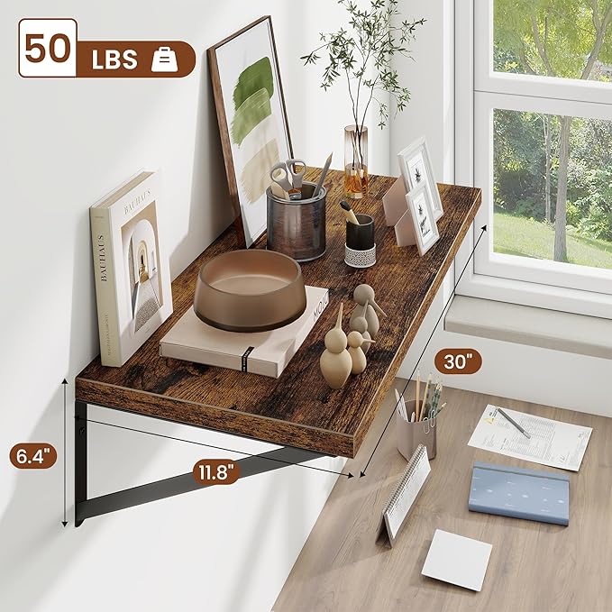 Deep Wall Shelves 30"W x 12"D Engineered Wood Floating Shelves for Wall, Sturdy Metal Bracket Bookshelves Home Decor Storage for Living Room Bedroom Bathroom Kitchen, Set of 2, Rustic Brown Finish