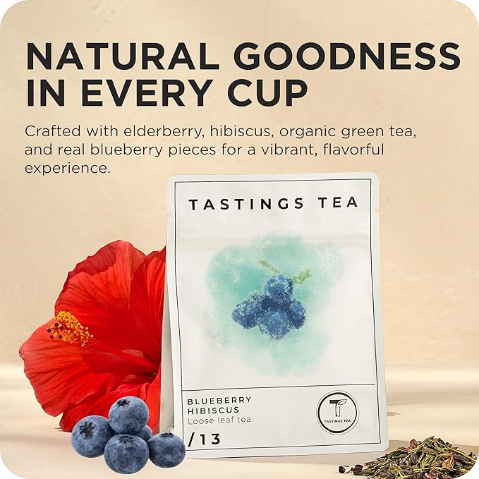Tastings Tea Blueberry Hibiscus Loose Leaf Pouch 2.75 oz | Chinese Green Tea & Licorice Root with Elderberry, Spearmint & Natural Flavors | Light Caffeine | Tart & Fruity | Sustainably Sourced
