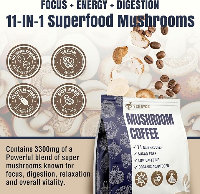 Mushroom Coffee, 11 Superfood Mushrooms includes Lion's Mane, Reishi, Chaga & Ashwagandha, Instant Mushroom Coffee Organic for Energy, Memory, Degestion & Detox, Low Caffeine & Sugar Free, 5.3oz