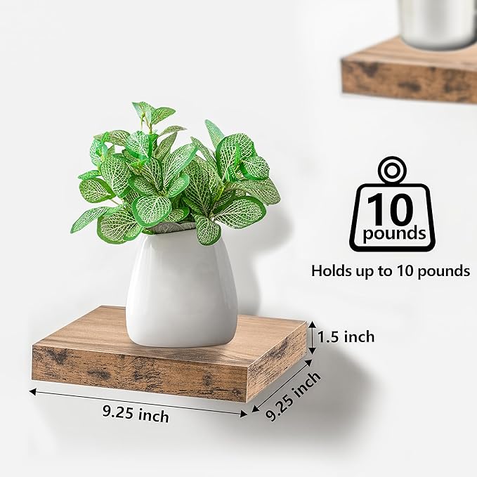 Sorbus Square Floating Shelf for Wall - 3 Small Shelves with Invisible Mounting Brackets for Living Room Decor, Bedroom, Bathroom Decor, Home & Kitchen - 9" Wall Shelf to Display Photos Trophies