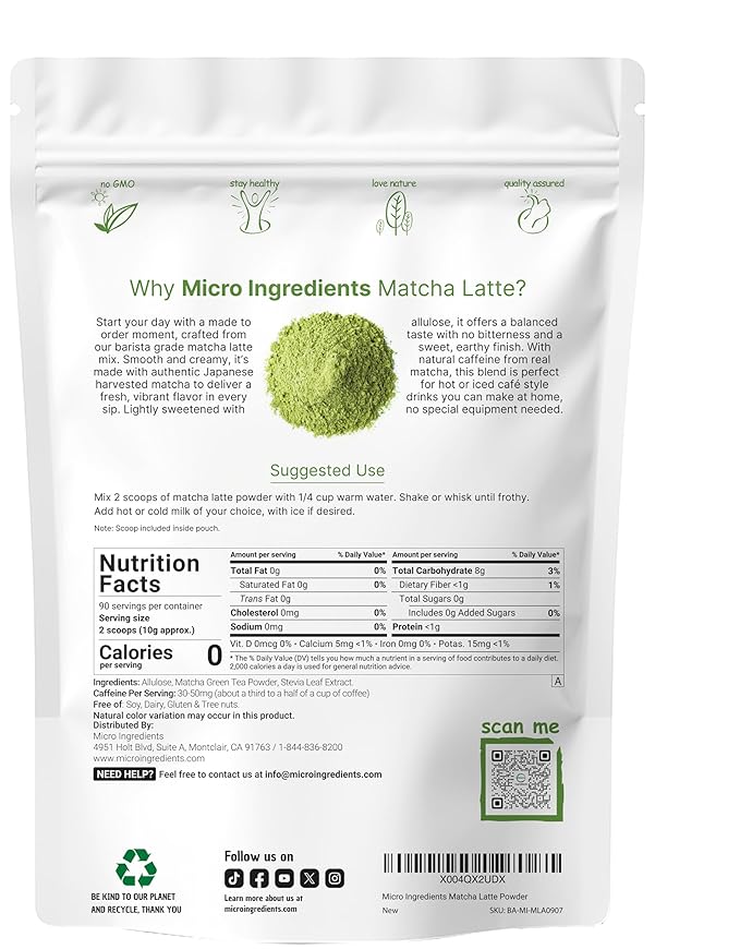 Matcha Latte Powder, 2lbs | Sugar Free Café Style Drink Mix | Sweetened Instant Matcha for Tea, Smoothies, & Iced or Hot Drinks | Natural Caffeine | Non-GMO, Dairy Free