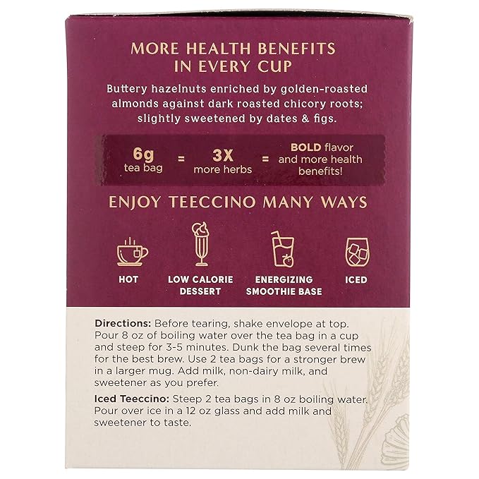 Teeccino Hazelnut & Vanilla Nut Herbal Tea Variety Pack - Roasted Herbal Tea That’s Caffeine Free & Prebiotic for Natural Energy, 10 Tea Bags (Pack of 4)