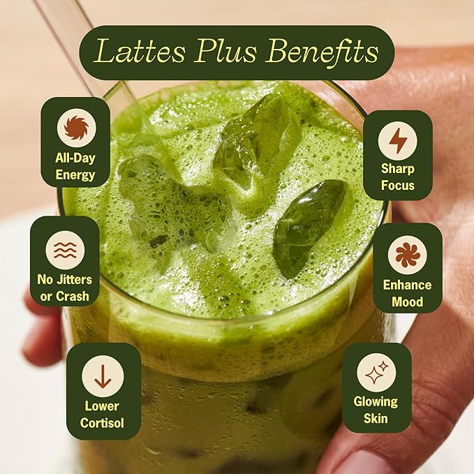 Clevr Organic Matcha Green Tea Latte, Instant Ceremonial Grade, Superfood Powder Blend with Oat Milk, Lions Mane, Reishi Mushroom, Coconut Cream, Ashwagandha, Serve Hot or Iced, (30 Lattes)