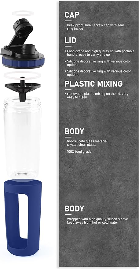 Glass Shaker Cup Odorless BPA Free– Glass Shaker Bottle for Protein 26oz Durable Borosilicate Glass, Leak-Proof & BPA-Free – Ideal for Creamy Protein Shakes, Smoothies & Workout Drinks(Navy Blue)