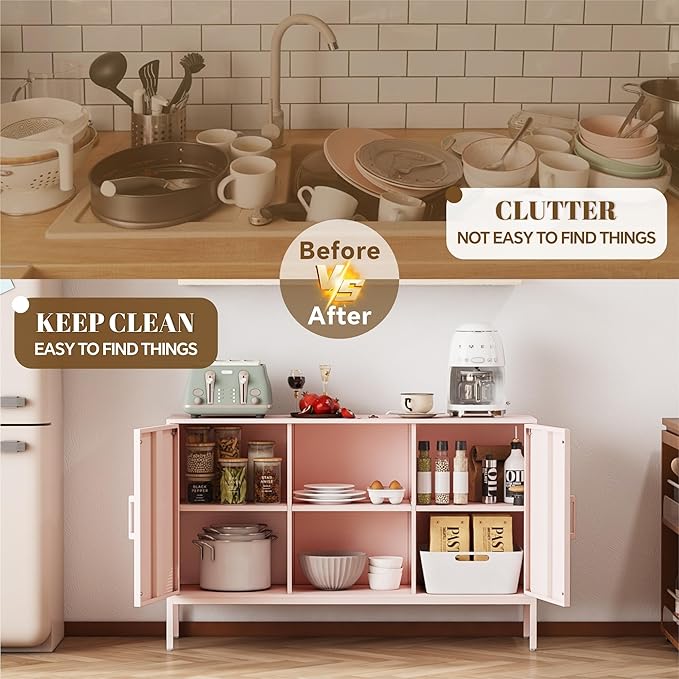 Metal Storage Cabinet,Metal Pink TV Stand,Coffee Bar Buffet Cabinet Kitchen Sideboard Storage with Adjustable Shelves for Living Room Bedroom