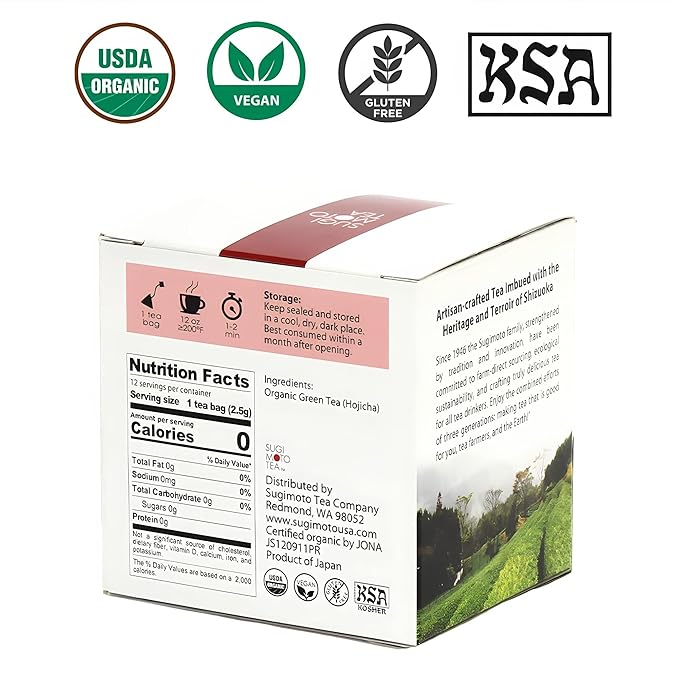 SUGIMOTO TEA Japanese Organic Hojicha Roasted Green Tea Bags 12 Count Pack of 1