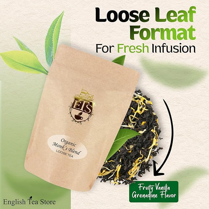 English Tea Store - Monk's Blend Loose Leaf Black Tea Organic | Pomegranate & Vanilla Flavor | USDA Organic | Natural Flavor Loose Leaf Tea | Fruity Black Tea | GMO-Free | 16oz Pouch