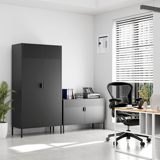 71 inches Black Metal Storage Cabinet with Doors and Shelves, 5 Tier Pantry Cabinet, Metal Cabinet for Home, Office, Dining, Laundry, Living, Bathroom and Utility Use
