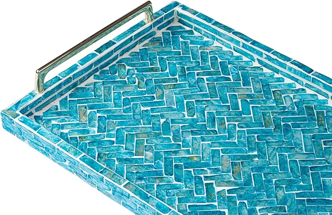 PEMAR Capiz Shell Decorative Tray with Gold Handles – 15.7"x11.8" Rectangular Display & Serving Tray for Vanity, Dresser, Bathroom (Mosaic Herringbone)