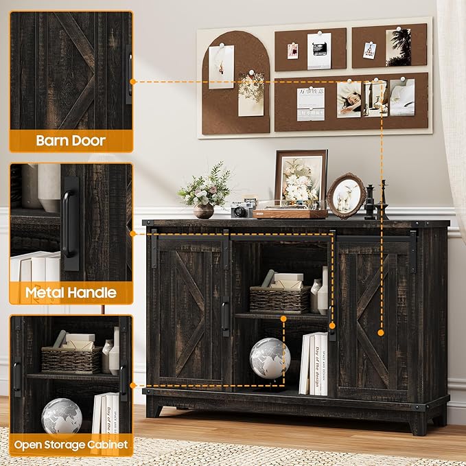 Vabches 6 Cube Storage Organizer, Farmhouse Bookshelf with Sliding Doors & 3 Adjustable Shelves Wooden Coffee Bar Buffet Cabinet 2-Tier Cabinet Rack for Bedroom, Living Room, Office (Dark Brown)