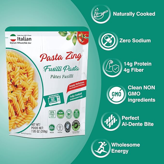 Pasta Zing Fusilli Pasta, Ready in 1 Minute, Perfect Al Dente Bite, 14g Protein & 4g Fiber, Naturally Cooked, Zero Sodium, Non-GMO, 7.05oz Pack of 7