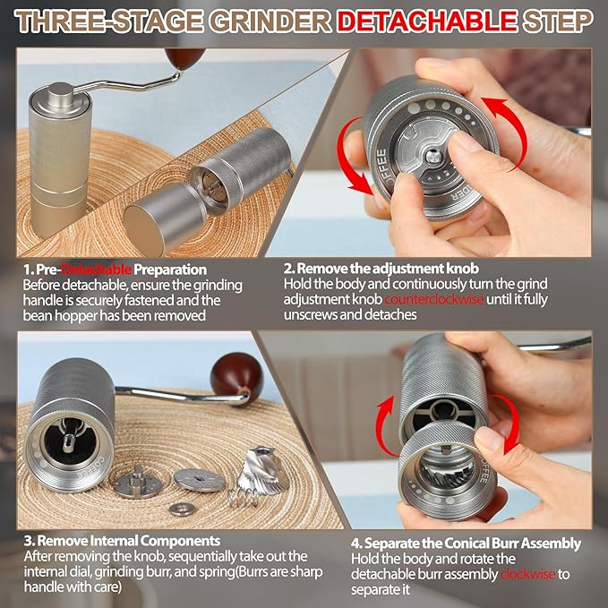 Detachable Manual Coffee Grinder with 25 Level Stainless Steel Conical Burr Portable Aluminum Coffee Bean Grinder Suitable for Moka Pot Espresso French Press Pour Over Maker Easy Cleaning with Brush