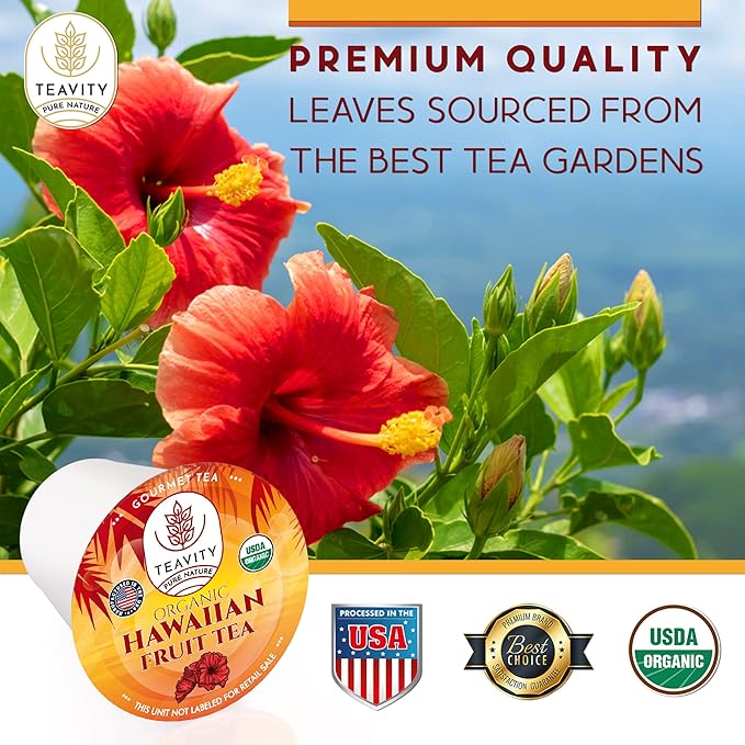 Organic Hibiscus Sabdariffa Tea Pods with Peach, Mango, & Passionfruit - Naturally Decaf Tea - Hawaiian Fruit Tea by Teavity (24 Tea Pods)