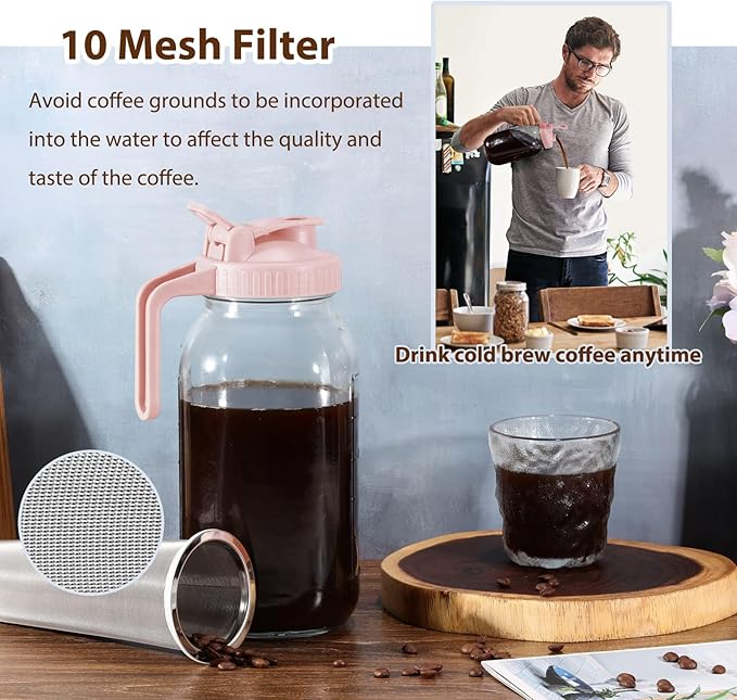 Cold Brew Coffee Maker Pitcher, Pink 64 Oz Heavy Duty Wide Mouth Glass Mason Jar pour spout Lid with Stainless Steel Filter for Iced Coffee, Ice Drinks