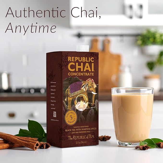 The Republic of Tea – Republic Chai Black Tea Concentrate, 6 Cartons – 32 fl oz (5 Servings), Chai Latte Mix, Naturally Caffeinated, Gluten Free