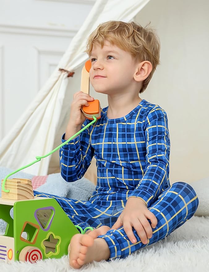 JunNeng Bamboo Viscose Pajamas for Toddler Boys, Baby Kids Diamond Pajamas Snug Fit Long Sleeve Sleeper