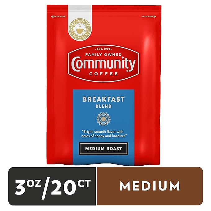 Community Coffee Breakfast Blend, Medium Roast Pre-Measured Coffee Packs, 3.0 Ounce Each (Pack of 20)