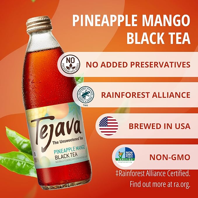 Tejava Pineapple Mango Black Iced Tea, 4 Pack, 12oz Glass Bottles, Unsweetened, Non-GMO, Kosher, No Sugar or Sweeteners, No calories, No Preservatives, Brewed in Small Batches