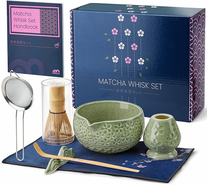 7Pcs Matcha Whisk Set, Ceramic Matcha Bowl with Spout, Bamboo Whisk and Holder,Bamboo Scoop,Scoop Rest,Sifter,Tea Towel, Matcha Kit with Cherry Blossom Carved Patterns for Matcha Lovers (Sakura Green)