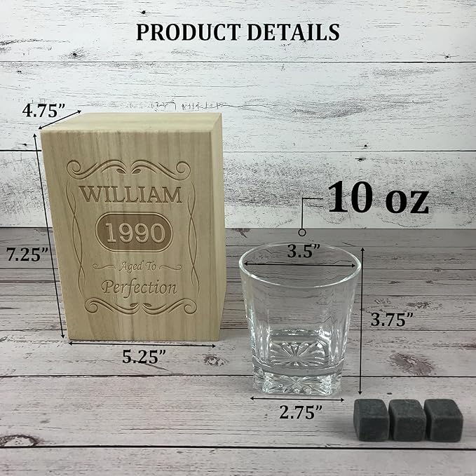 Personalized Vintage Birthday Gifts for Men - 11 oz Engraved Bourbon Glass - Vintage Whiskey Cup in Wooden Box - 4 Designs Custom Scotch Gift For Him - Funny Birthday Gift Ideas