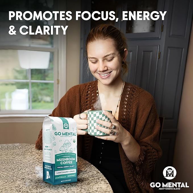 Organic Lion's Mane and Chaga Mushroom Coffee Dark Roast, Full Fruiting Bodies, For Enhanced Brain Function, Immune Support, Wellbeing, Grade 1 Single Origin Peruvian, 12oz - Ground (2 Pack)