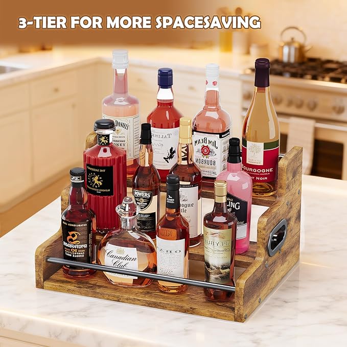 Liquor Bottle Display Shelf, Wine Bottle Display Rack with LED Stripe, 3-Tier Bar Shelf Stand, Whiskey Spirits Wine Holder for Tavern, Mini Bar, Liquor Cabinet, Coffee Syrup Organizer for Home(Brown)