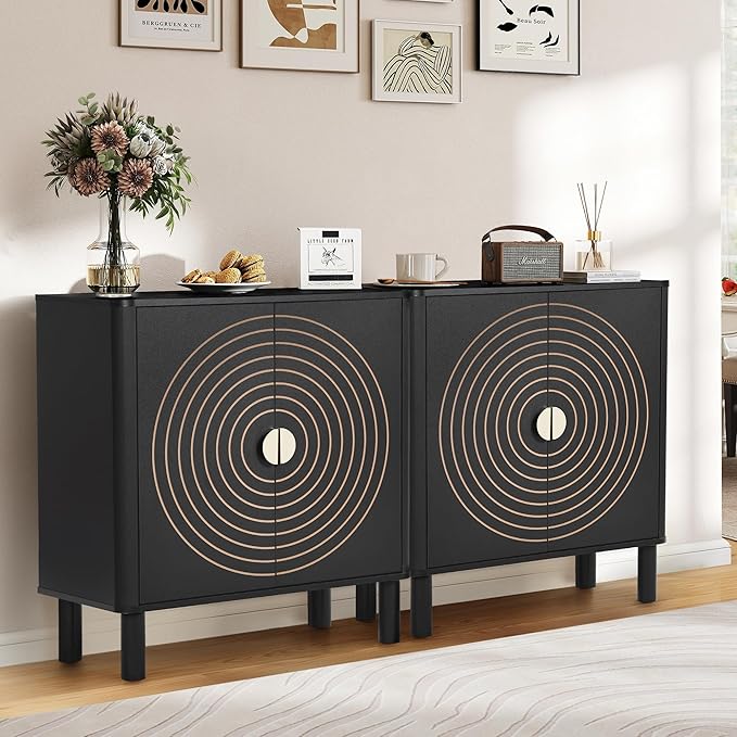 Sideboard Buffet Cabinet, Kitchen Sideboard Cabinet with 2 Doors and Adjustable Shelf, Wood Coffee Bar Console Table for Living Room, Dining Room, Hallway (Black)
