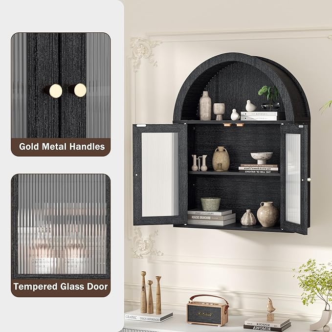 Arched Bathroom Cabinet, Wall Mounted Bathroom Cabinet with Tempered Glass Doors and Adjustable Shelf, for Kitchen, Living Room, Laundry Room, Restroom, Black