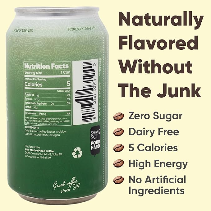 New Mexico Piñon Nitro Cold Brew Coffee Drinks - Smooth Cinnamon Kick, High Energy Nitrogen Infused Churro Black Coffee Cans 12oz - Natural Flavor Zero Sugar & Dairy Free - 12 Pack