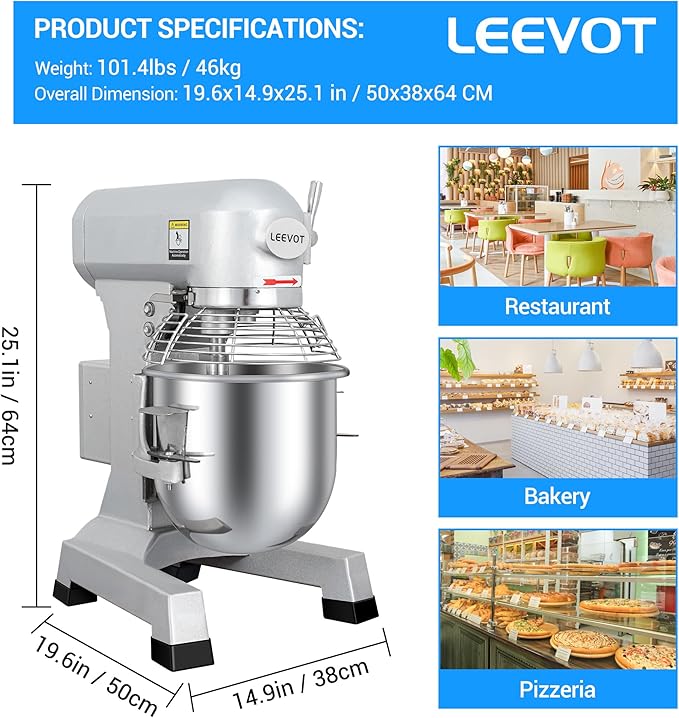 15Qt 600W Commercial Food Mixer, Commercial mixer 3 Speed Adjustable, Heavy Duty Stand Mixer with Stainless Steel Bowl for Bakery Pizzeria.