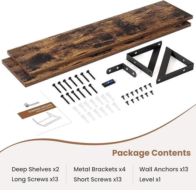 Axeman Floating Shelves for Wall 40 Inch | 39.4W x 8D Rustic Wood Floating Shelves Set of 2 | 8 Inch Deep Long Wall Shelves for Bathroom Kitchen Living Room | Bookshelf Display Shelves - Rustic Brown