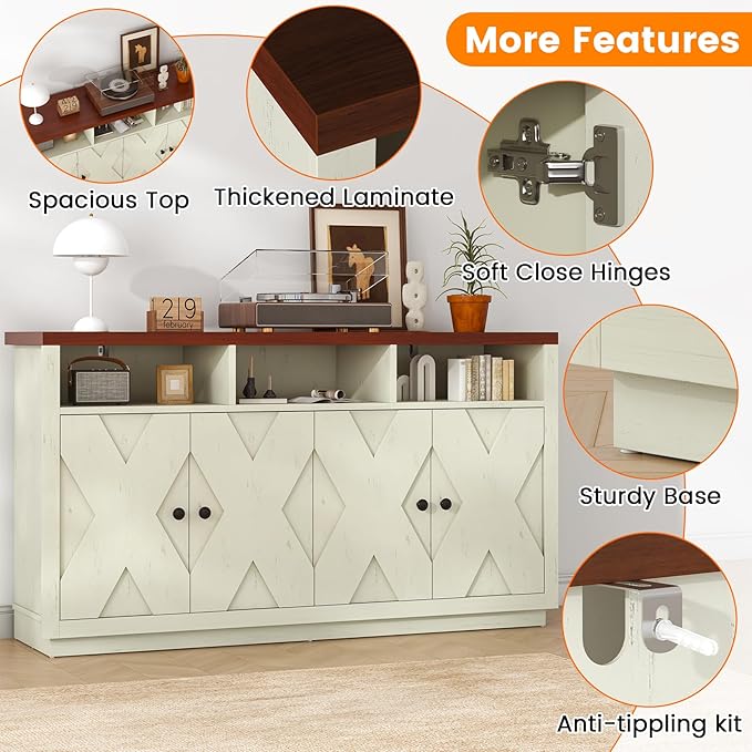 60” Large Sideboard Buffet Cabinet with Storage, Farmhouse Kitchen Buffet Cabinet with Adjustable Shelves and 4 Barn Doors, Wood Coffee Bar Storage Cabinet for Kitchen, Dining Room, Rustic White