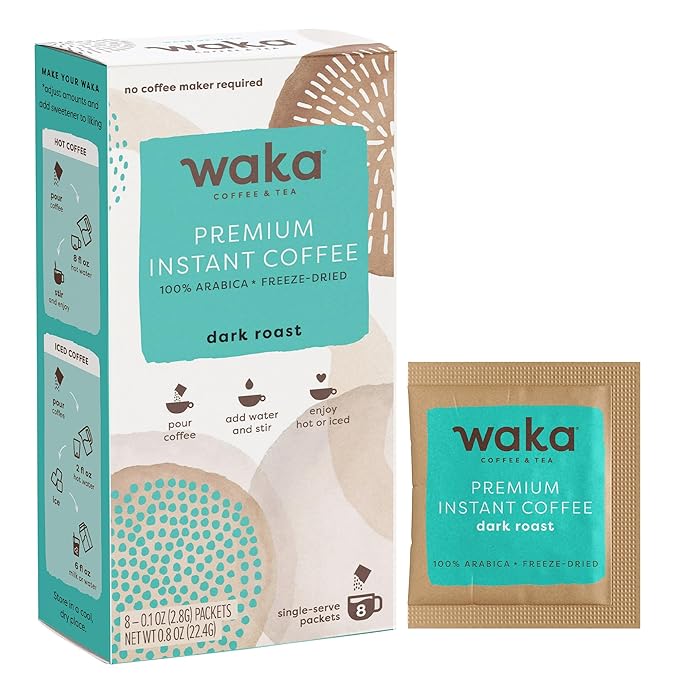 Waka Premium Instant Coffee Sachets — 100% Arabica Freeze Dried Beans — For Hot or Iced Coffee (8 Count, Dark Roast)