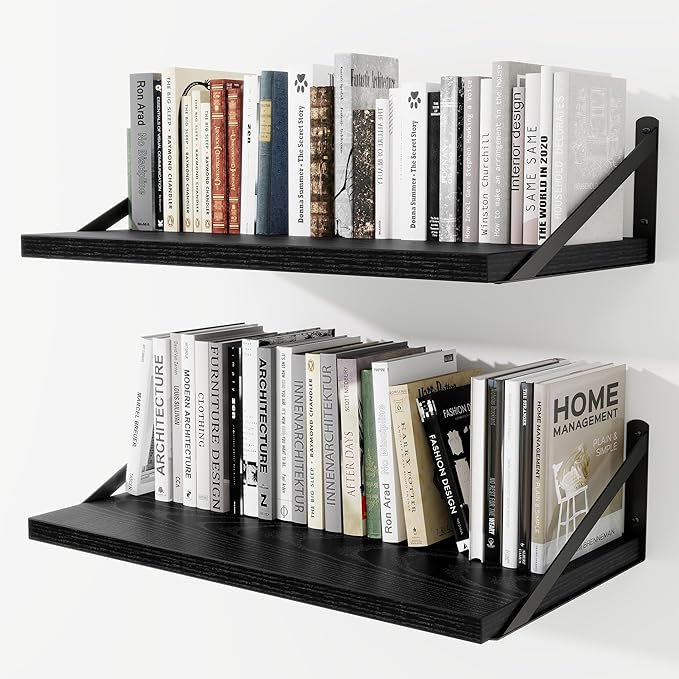 Deep Wall Shelves 24"W x 12"D Engineered Wood Floating Shelves for Wall, Sturdy Metal Bracket Bookshelves Home Decor Storage for Living Room Bedroom Bathroom Kitchen, Set of 2, Black Finish