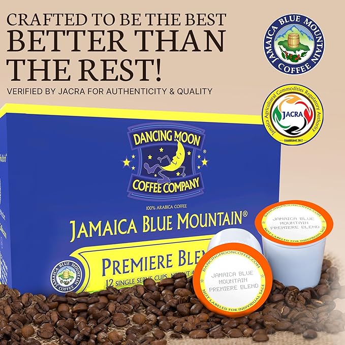 Dancing Moon Coffee Pods - Premiere Blend Jamaica Blue Mountain Coffee Beans, Medium Roast, Compatible with Keurig KCup Brewers, Small-Batch Crafted