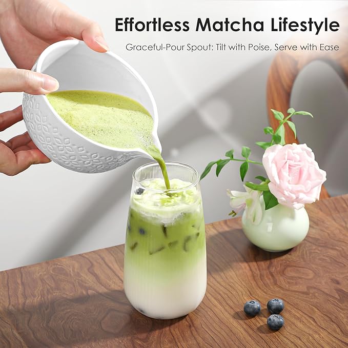 Matcha Whisk Set Matcha Kit - 7 Pcs Japanese Tea Set Includes Matcha Bowl with Spout,Bamboo Whisk with Ceramic Holder,Bamboo Scoop and Rest,Sifter,Tea Towel, for Ceremony Matcha Lovers Gift,White