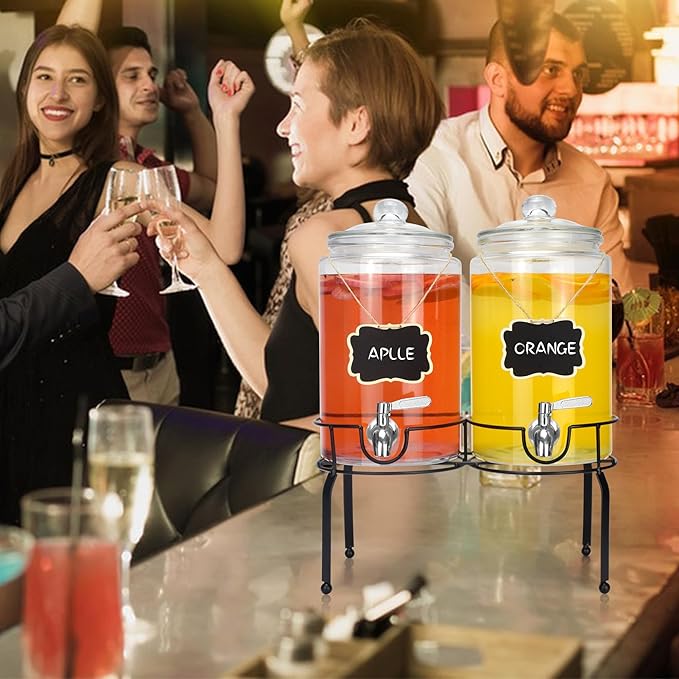 1 Gallon Beverage Dispenser 2 Pack, Stainless Steel Spigot Drink Dispenser for Parties with Stand, Clear Glass Drink Container Easy to Refill and Clean