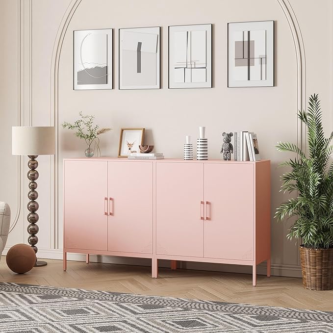 Metal Storage Cabinet with 2 Doors, Steel Buffet Sideboard Entryway Locker Cabinet Kitchen Cupboard for Living Room, Dining Room, Kitchen, Office, Bar (Pink, 31.5" D x 15.75" W x 35.43" H)
