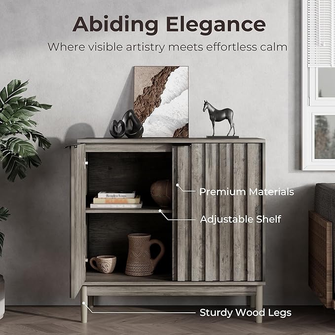 Fluted Cabinet with Storage, Buffet Cabinet Sideborad with 2 Doors, Grey Buffet Storage Accent Cabinets with Adjustable Shelves for Living Room, Entry, Hallway, Kitchen