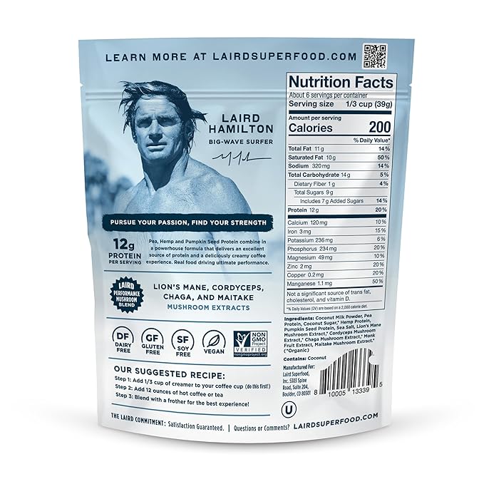 Laird Superfood Non-Dairy Protein Creamer, Sweet & Creamy + Adaptogens, Superfood Creamer with Functional Mushrooms, 12g Protein Per Serving, 8oz Bag