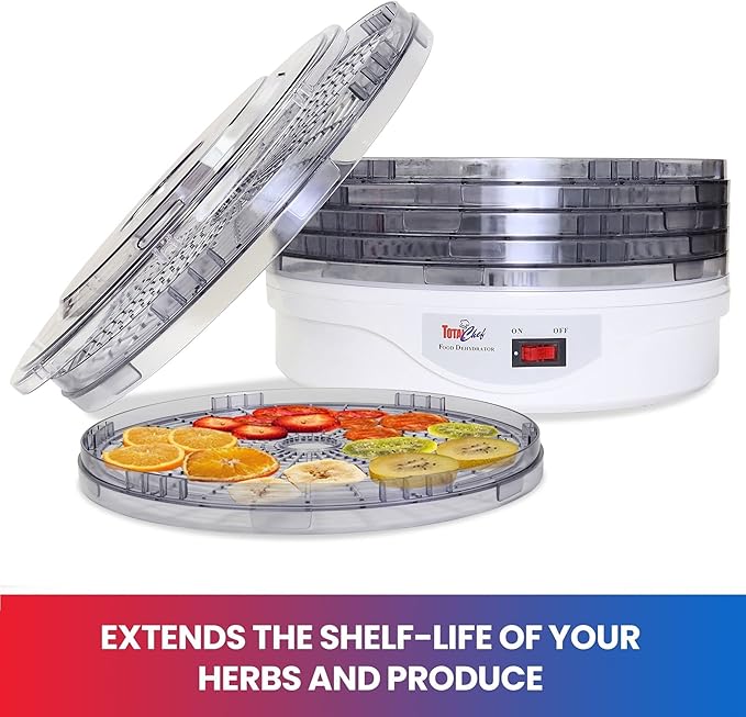 Total Chef Food Dehydrator - 5-Tier Liofilizadora, Air Drying Jerky, Fruit, Vegetable, Mushroom, Meat, Fish & More, Counter Top Alimentos Deshidratador For Home With Dishwasher Safe Trays Rack