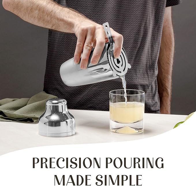 Modern Mixology Cocktail Shaker Set - 8 Piece Bartender Kit with Martini Shaker and Popular Bar Accessories on Quality Pine Stand - Leak Proof Design (Silver)