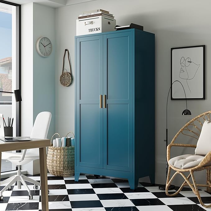 Bathroom Storage Cabinet Freestanding, 61" Tall Metal Cabinets with Doors and Shelves, Blue Metal Pantry Cabinet for Kitchen, Living Room, Home Office
