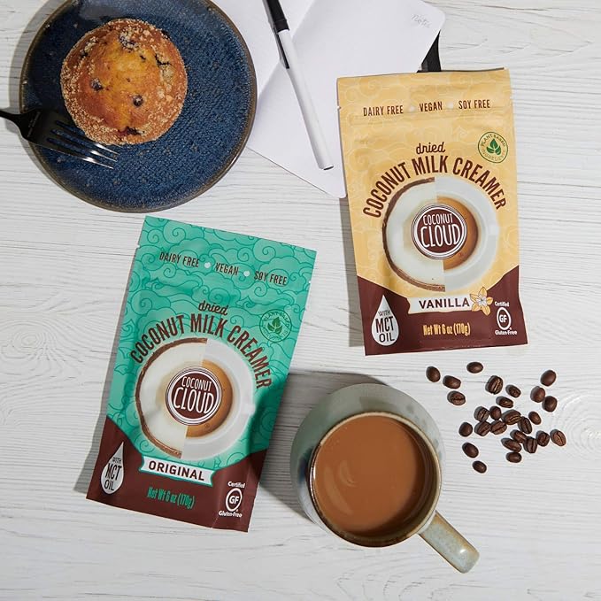 Coconut Cloud: Plant Based Dairy Free Coffee Creamer | Keto Friendly, Unsweetened Coconut Milk Powder | Low Sugar, Dairy Free, Non-GMO, Plant Based, Gluten & Soy Free, USA Made, (Vanilla & Original Combo), 2-Pack