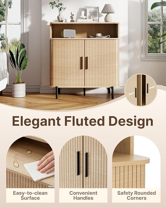 SUNCOZE Fluted Storage Cabinet with Sliding Tambour Doors, Sideboard Buffet Cabinet with Storage, Modern Accent Coffee Bar for Kitchen, Entryway, Living & Dining Room (Wood)