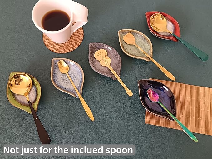 Coffee Spoon and Rest for Coffee Bar Accessories, Leaf Small Spoon Rest for Coffee Station, Tea Spoon Rest Tea Spoon Holder Teaspoon Rest, 1 PC (Retro Grass Green with Rainbow Rose Spoon)