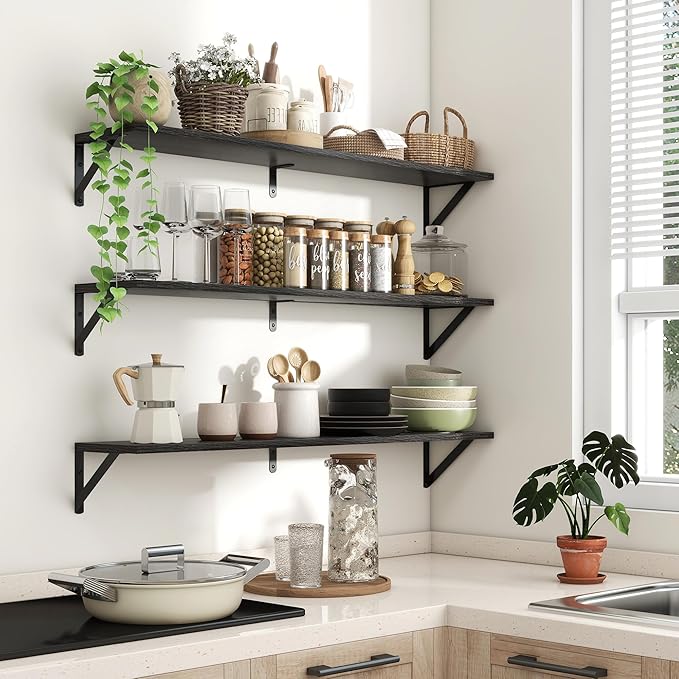 Axeman Black Floating Shelves for Wall 40 Inch | 39.4W x 8D Rustic Wood Floating Shelves Set of 2 | 8" Deep Long Wall Shelves for Bathroom Kitchen Living Room | Bookshelf Display Shelves - Black
