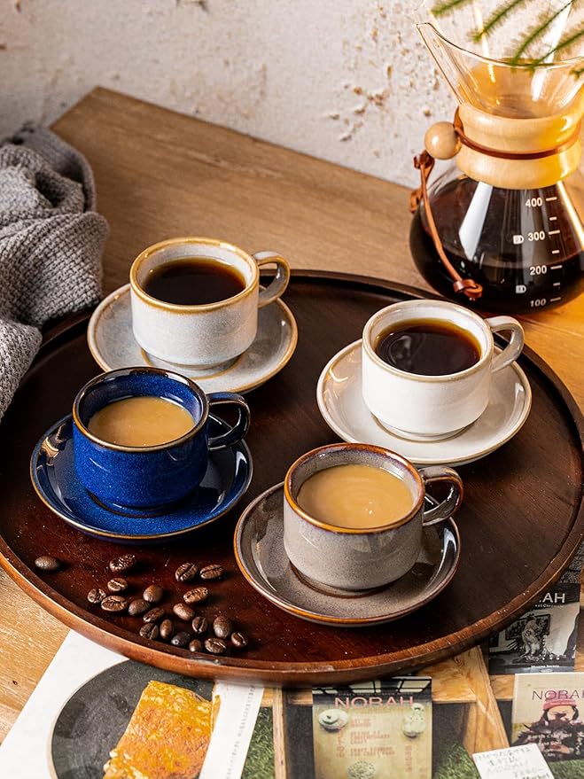 Gomakren 2.5 Ounce Espresso Cups Set of 4, Small Stackable Coffee Cups with Saucers and Metal Stand, Christmas Porcelain Demitasse Cups for Specialty Coffee Drinks, Espresso, Cappuccino, Latte, Gray