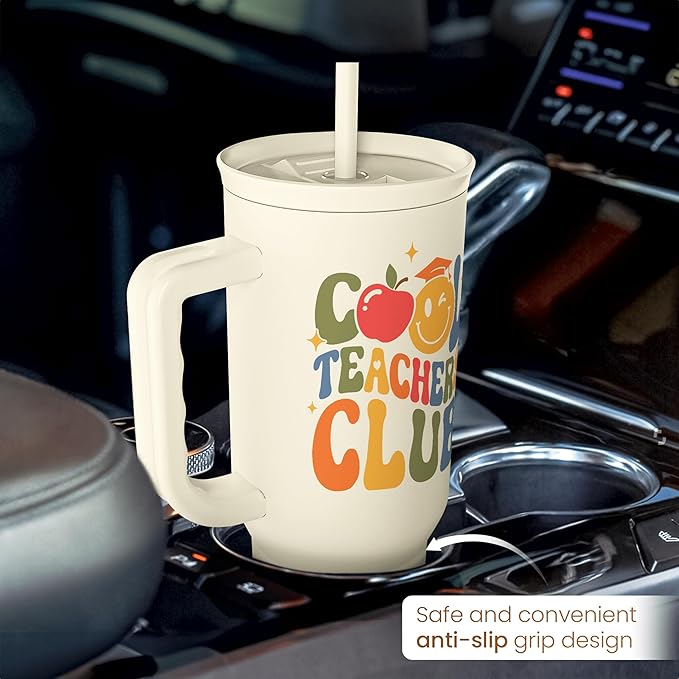 Cool Teacher Club Tumbler 40oz, Stainless Steel Insulated Coffee Travel Cup with Handle, Teacher Appreciation Gifts for Women, Teachers Gift for Valentines Birthday Farewell Christmas Teacher's Day