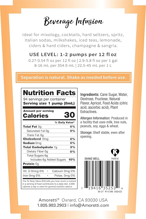 Amoretti - Armenian Apricot Beverage Infusion - Drink Mix & Water Enhancer with Pump for Flavoring Cocktails, Waters, Teas, and other Beverages, Preservative Free